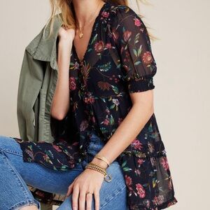 Anthropologie Salzburg Floral Tiered Babydoll Tunic Top Puff Sleeve Button Up XS